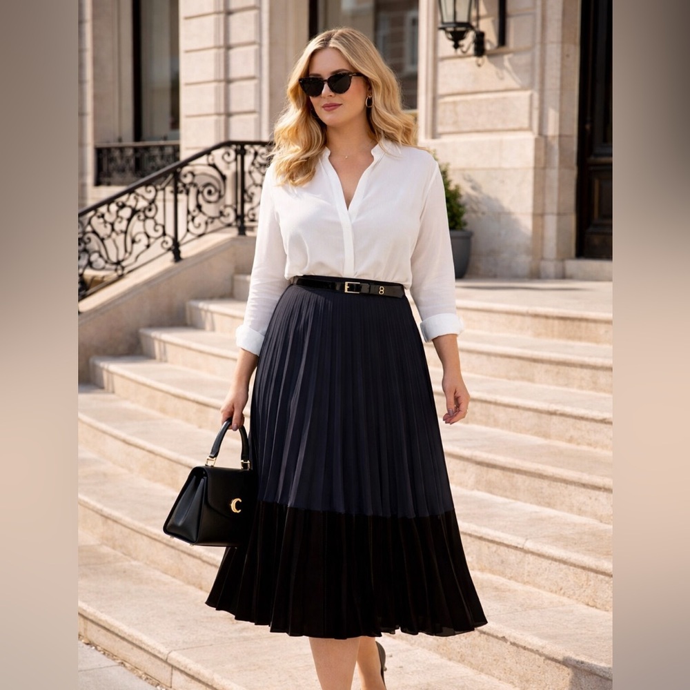 Sandro Pleated Two-Tone Maxi Skirt Size 3 Velvet Trim Quiet Luxury Belted Chic